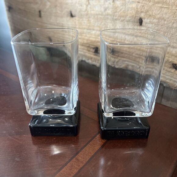 DiSaronno Liqueur Glasses Clear w/Black Amethyst‎ Square Pedestal Base Set 2 - Picture 1 of 7
